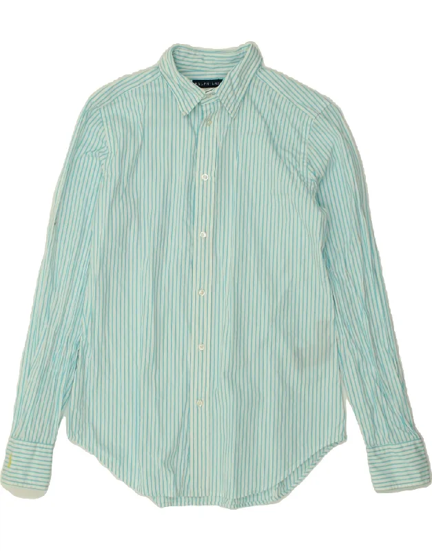 RALPH LAUREN Womens Slim Fit Shirt US 8 Medium Blue Striped Cotton Denim Fabric Leather Fabric Suede Fabric RALPH LAUREN Womens Slim Fit Shirt US 8 Medium Blue Striped Cotton Denim Fabric Leather Fabric Suede Fabric