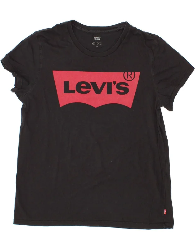 LEVI'S Womens Graphic T-Shirt Top UK 16 Large Black Cotton Anti-Pilling Machine Wash Handmade