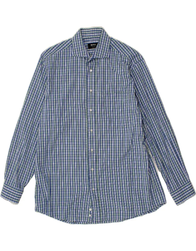 HUGO BOSS Mens Shirt Size 42 Large Blue Check Cotton Graphic T-Shirt Round Neck Polyester HUGO BOSS Mens Shirt Size 42 Large Blue Check Cotton Graphic T-Shirt Round Neck Polyester