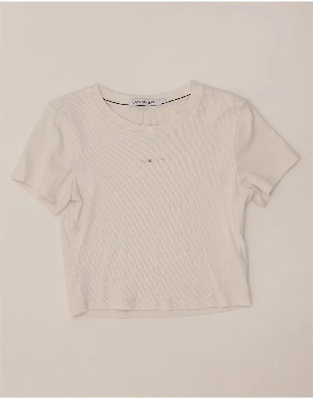 CALVIN KLEIN JEANS Womens Crop T-Shirt Top UK 12 Medium White Cotton Sequined Glittery Shiny CALVIN KLEIN JEANS Womens Crop T-Shirt Top UK 12 Medium White Cotton Sequined Glittery Shiny