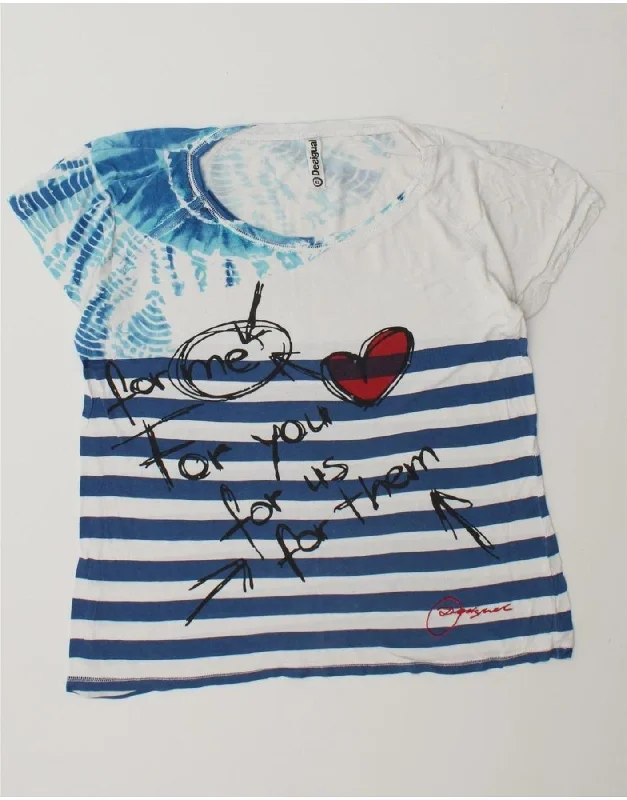 DESIGUAL Womens Graphic T-Shirt Top UK 18 XL White Striped Cotton Notch Collar Peter Pan Collar Cowl Neck DESIGUAL Womens Graphic T-Shirt Top UK 18 XL White Striped Cotton Notch Collar Peter Pan Collar Cowl Neck