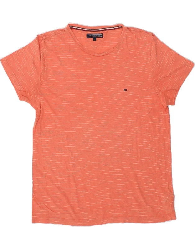 TOMMY HILFIGER Mens T-Shirt Top Large Pink Striped Cotton Welt Pockets Slit Pockets