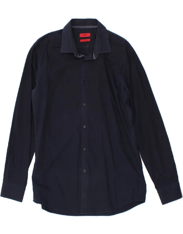 HUGO BOSS Mens Slim Fit Shirt Size 42 16 1/2 Large Navy Blue Cotton Lace Blend Ribbed Blend Corduroy Blend