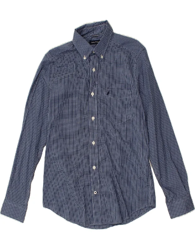 NAUTICA Mens Shirt Small Navy Blue Check Cotton Hooded Caped Shawl Collar