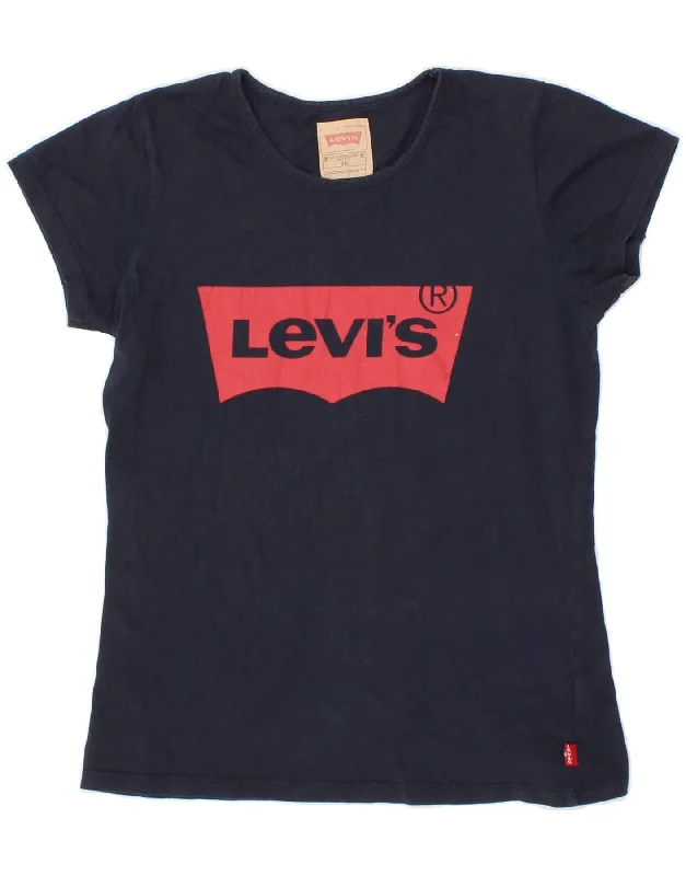 LEVI'S Girls Graphic T-Shirt Top 15-16 Years Navy Blue Cotton Graphic Embroidered Appliqued