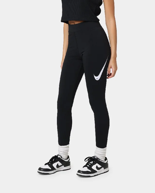 Nike Women's Sportswear Swoosh High-Rise Leggings Black/Black/White Trendy Adjustable Waist Leggings Nike Women's Sportswear Swoosh High-Rise Leggings Black/Black/White Trendy Adjustable Waist Leggings