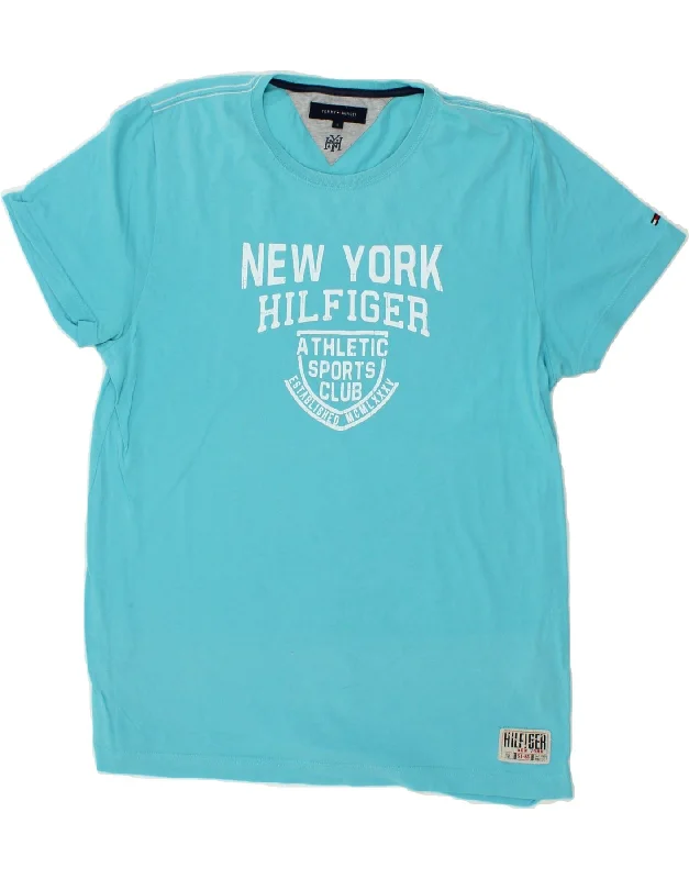 TOMMY HILFIGER Mens Graphic T-Shirt Top Large Blue Cotton Print Jacquard Patchwork