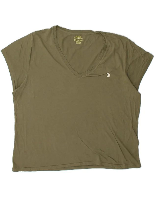 POLO RALPH LAUREN Womens T-Shirt Top UK 20 2XL Khaki Cotton Plaid T-Shirt Polka Dot Checkered