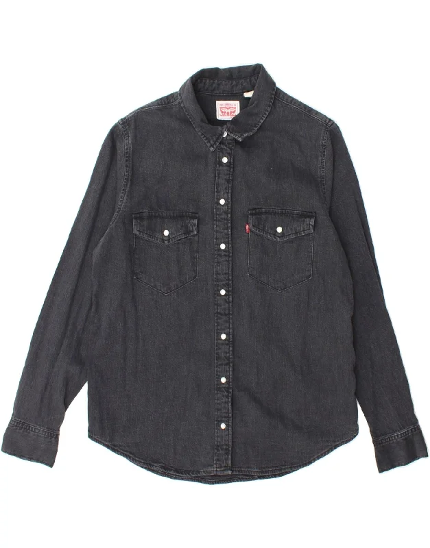 LEVI'S Womens Denim Shirt UK 14 Medium Grey Cotton Hooded Caped Shawl Collar