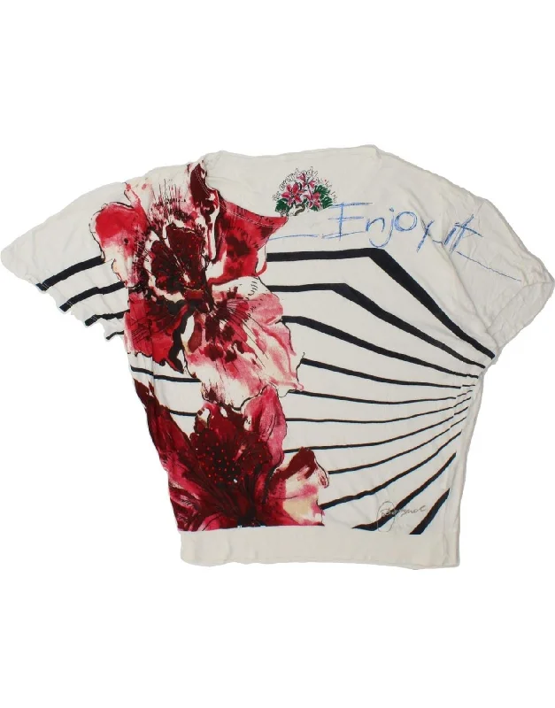 DESIGUAL Womens Graphic T-Shirt Top UK 16 Large White Floral Cotton Zippered Buttoned Snapped