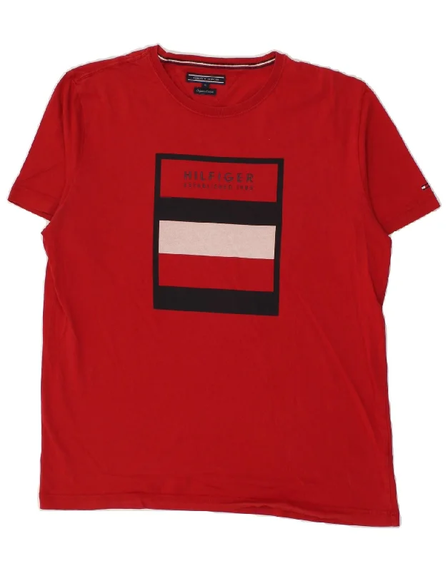 TOMMY HILFIGER Mens Graphic T-Shirt Top XL Red Cotton Wool Fabric Cashmere Fabric Tweed Fabric