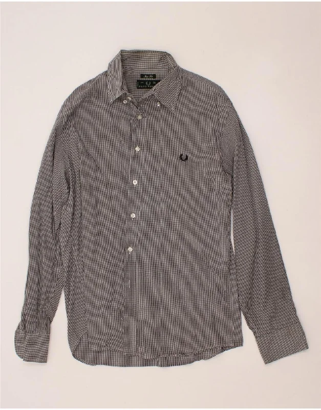 FRED PERRY Mens Slim Fit Shirt XL Black Gingham Cotton Spandex Blend Rayon Blend Denim Blend