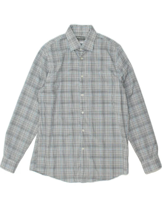 MICHAEL KORS Mens Regular Fit Shirt Size 16 Large Blue Check Cotton Fabric Linen Fabric Terry Fabric MICHAEL KORS Mens Regular Fit Shirt Size 16 Large Blue Check Cotton Fabric Linen Fabric Terry Fabric