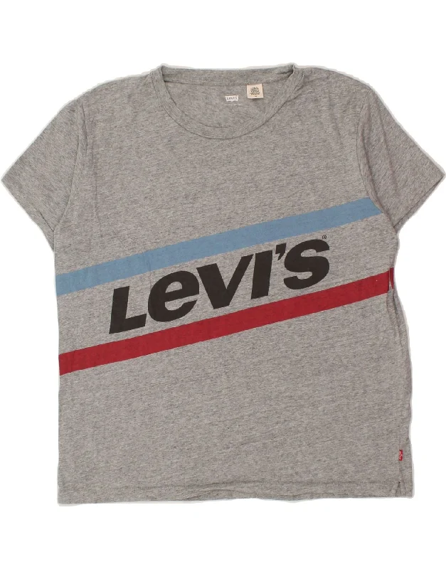 LEVI'S Mens Graphic T-Shirt Top Large Grey Cotton Striped Floral Plaid