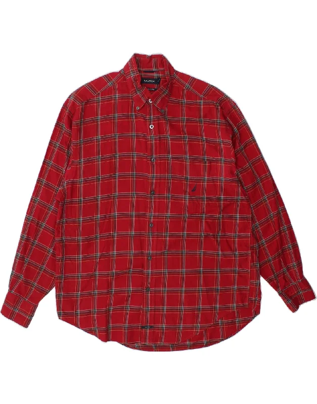 NAUTICA Mens Shirt Large Red Check Cotton Knit Fabric Woven Fabric Fleece Fabric