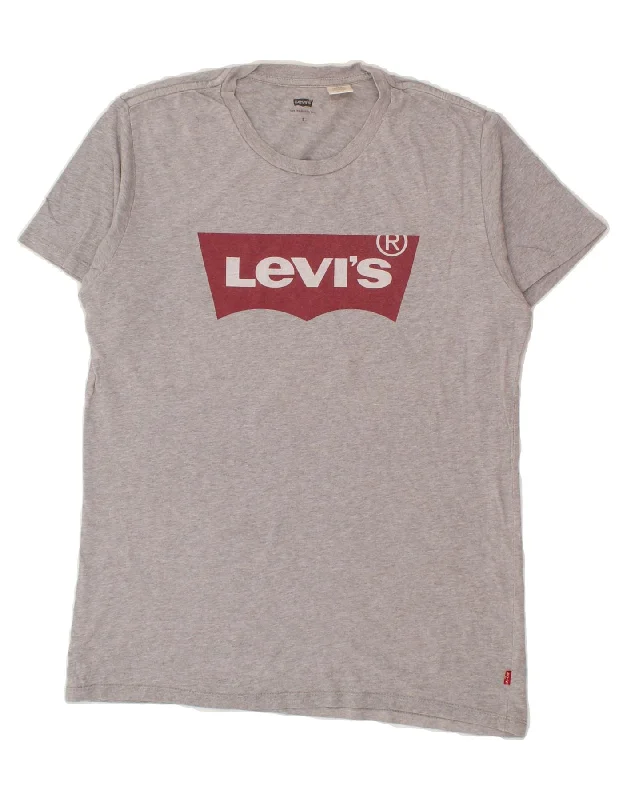 LEVI'S Mens Graphic T-Shirt Top Small Grey Notch Collar Peter Pan Collar Cowl Neck