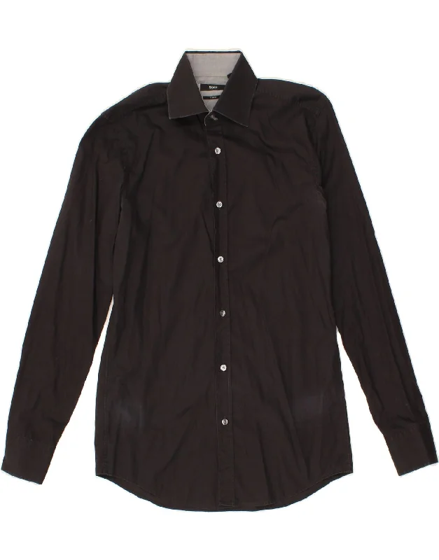 HUGO BOSS Mens Slim Fit Shirt Size 37 14 1/2 Small Black Cotton Houndstooth Herringbone Solid HUGO BOSS Mens Slim Fit Shirt Size 37 14 1/2 Small Black Cotton Houndstooth Herringbone Solid
