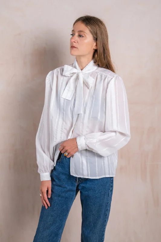 Lurex Striped White Shirt with Collar Tie Elasticated Padded Insulated