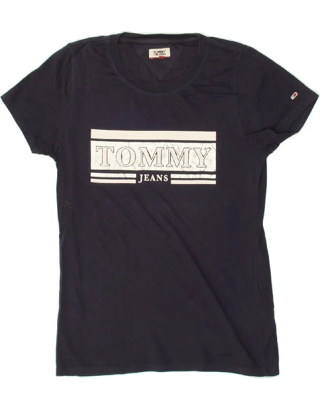 TOMMY HILFIGER Womens Graphic T-Shirt Top UK 10 Small Navy Blue Cotton Ribbed Striped Patterned TOMMY HILFIGER Womens Graphic T-Shirt Top UK 10 Small Navy Blue Cotton Ribbed Striped Patterned