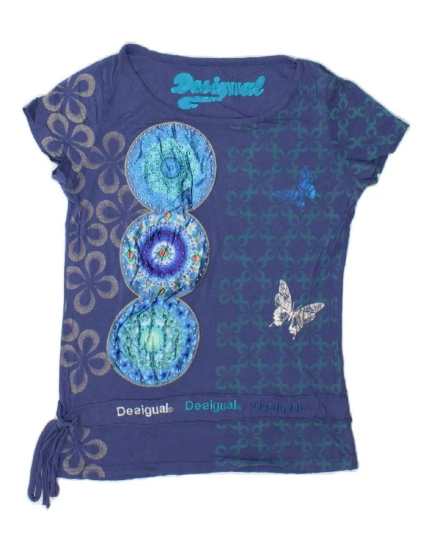 DESIGUAL Womens Graphic T-Shirt Top UK 14 Large Blue Modern Contemporary Chic