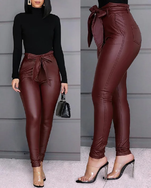 Oversized PU Leather Pants Bow Lace-up Sexy Soft Sweatpants Style