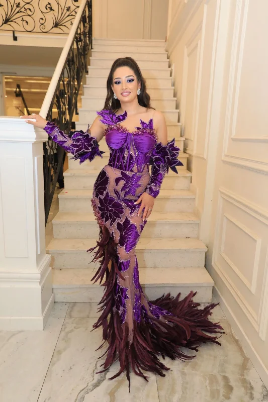 Purple Feathered Dress with Side Slit Tunics Top rated