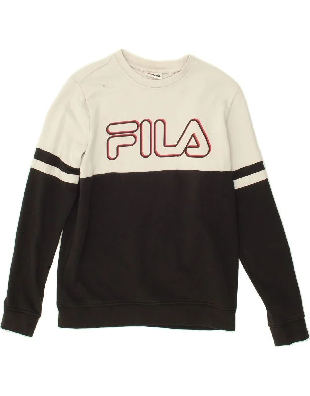 FILA Womens Graphic Sweatshirt Jumper UK 8 Small Black Colourblock Cotton Hoodie with Button Placket Classic Preppy FILA Womens Graphic Sweatshirt Jumper UK 8 Small Black Colourblock Cotton Hoodie with Button Placket Classic Preppy