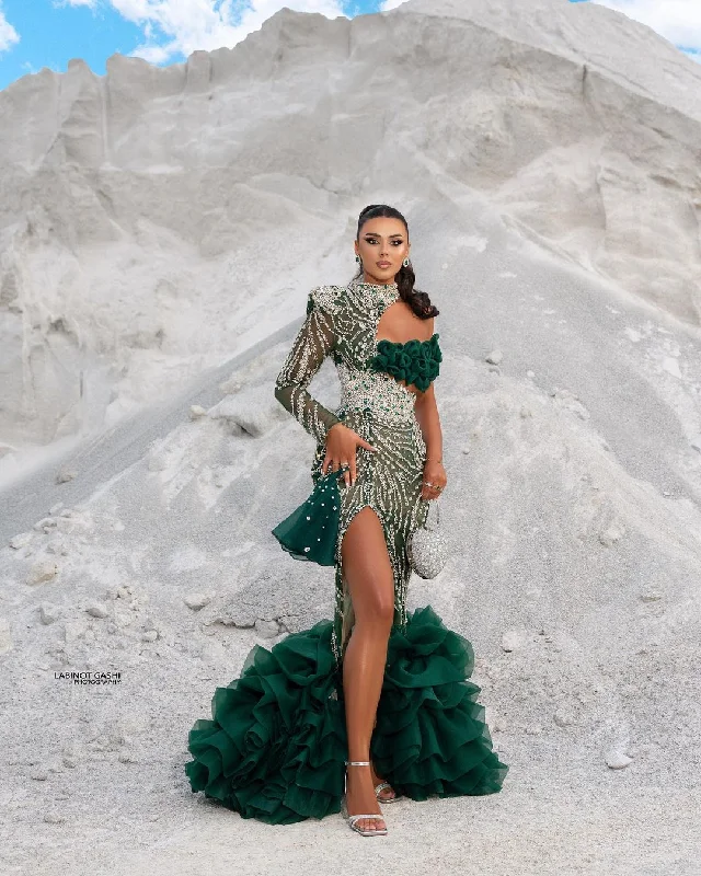 One Sleeve Green Embellished Dress with Tulle Train Tunics Hiking breathable