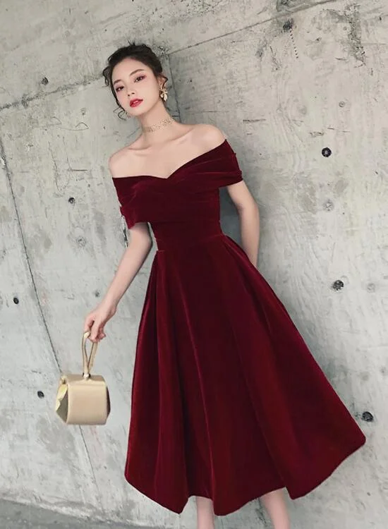 Wine Red Off Shoulder Chic Sweetheart Tea Length Party Dress,Velvet Evening Dress Tunics Trousers formal Wine Red Off Shoulder Chic Sweetheart Tea Length Party Dress,Velvet Evening Dress Tunics Trousers formal