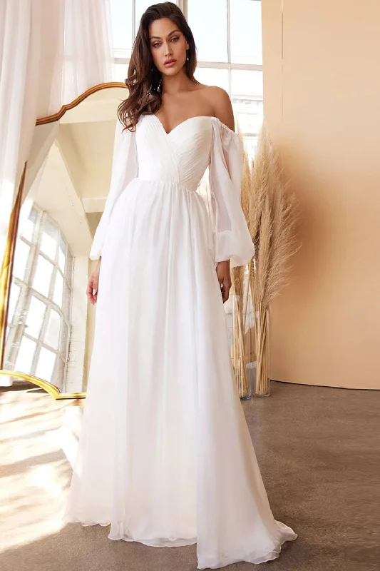 White A-Line Off the Shoulder Long Sleeves Ruched Wedding Party Dress Tunics Evening elegant
