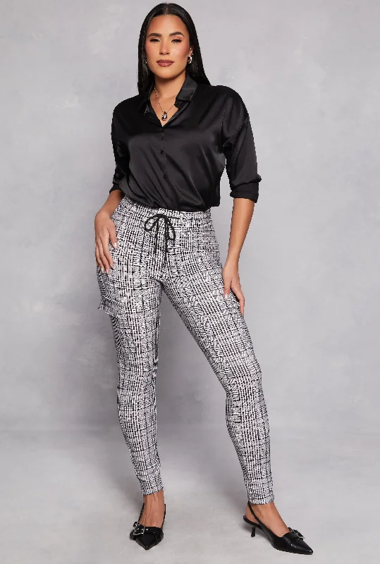 Plaid Cargo Pocket Dress Pants Elegant Palazzo Trousers
