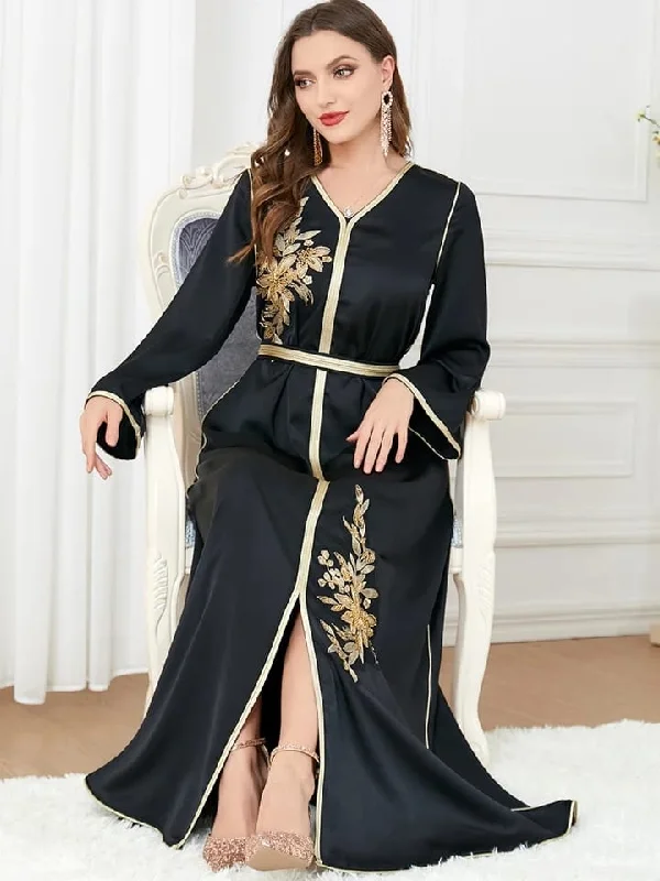 Elegant Muslim Women's Kafthan with Slit Belt Morocco Party Dress L 356345 Tunics Solid Classic Elegant Muslim Women's Kafthan with Slit Belt Morocco Party Dress L 356345 Tunics Solid Classic