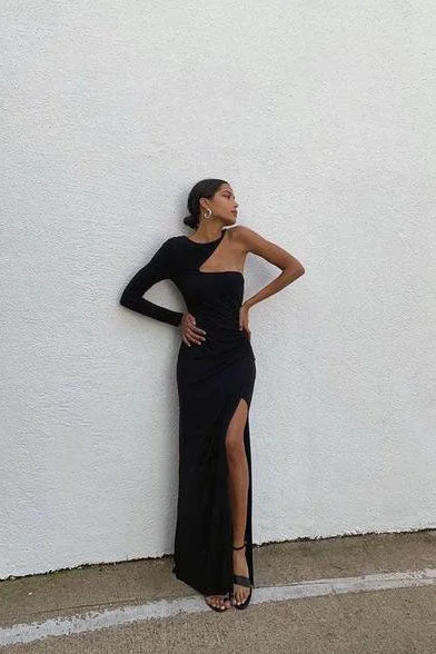Unique Sheath Black Long Prom Dresses With Slit Evening Party Dresses DMP202 Tunics Running lightweight