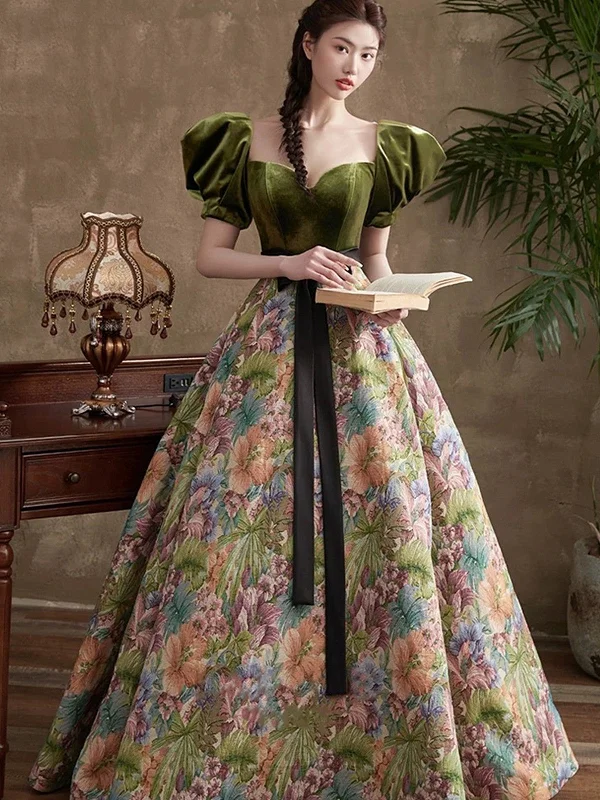 Green Short Sleeves Velvet Floral Long Party Dress, Green A-line Prom Dress Tunics Exclusive limited Green Short Sleeves Velvet Floral Long Party Dress, Green A-line Prom Dress Tunics Exclusive limited