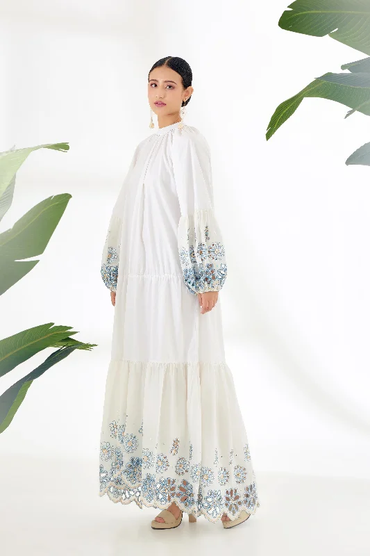 Ivory hand embroidered mirror work schiffli Tier Dress Tunics Stylish elegant
