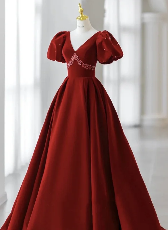 Wine Red Velvet V-neckline Beaded Short Sleeves Party Dress, Wine Red Long Prom Dress High-Low Hemline Casual Wine Red Velvet V-neckline Beaded Short Sleeves Party Dress, Wine Red Long Prom Dress High-Low Hemline Casual
