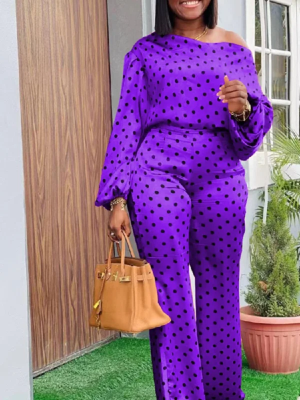 Two Pieces Set women Polka Dot Print One Shoulder Long Sleeves High Waist Pants Autumn Spring Party Evening Casual Sexy Outfits Pbong mid size graduation outfit romantic style teen swag clean girl ideas 90s latina aesthetic Casual Plaid Pants