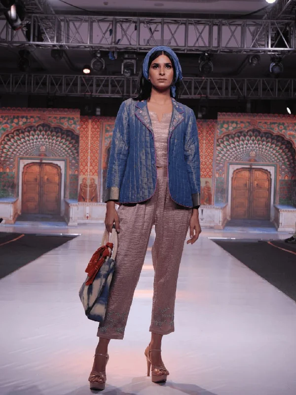 Banarasi Zari Quilted Women Jacket - Blue Boat Neck Shawl Collar Notched Collar
