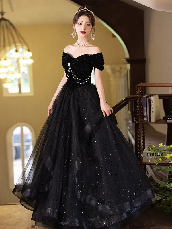 A-line Black Off Shoulder Tulle and Velvet Party Dress, Black Floor Length Prom Dress Tunics Seasonal trendy A-line Black Off Shoulder Tulle and Velvet Party Dress, Black Floor Length Prom Dress Tunics Seasonal trendy