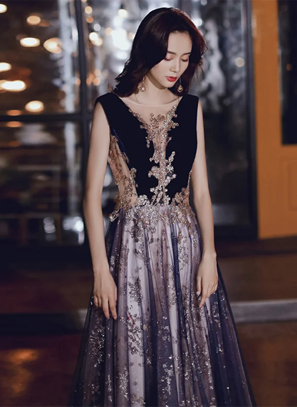 A-line Tulle and Velvet Long Party Dress, Long Evening Dress with Lace Tunics Sophisticated sleek A-line Tulle and Velvet Long Party Dress, Long Evening Dress with Lace Tunics Sophisticated sleek