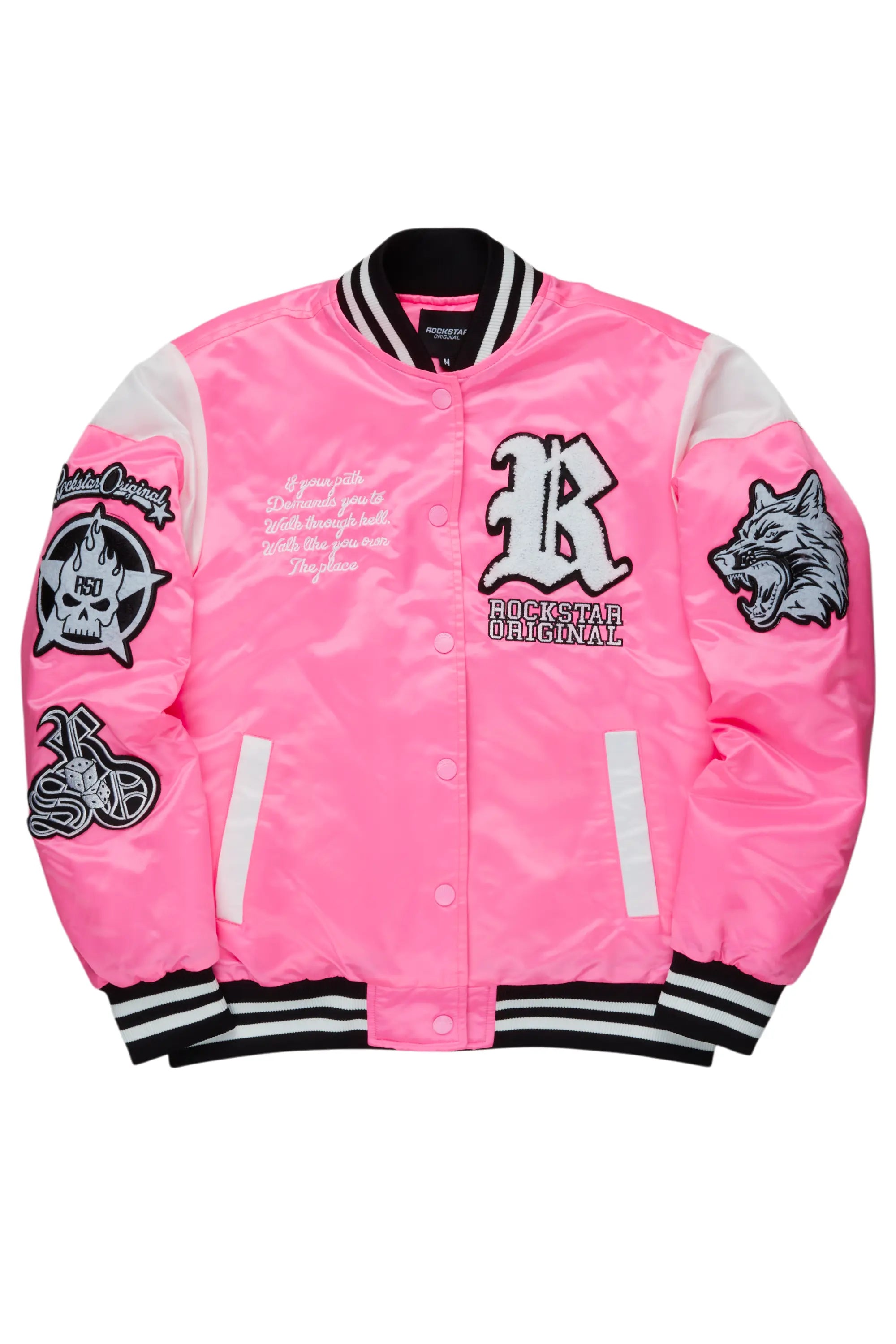 Sosa Hot Pink Satin Varsity Jacket Wool Fabric Cashmere Fabric Tweed Fabric
