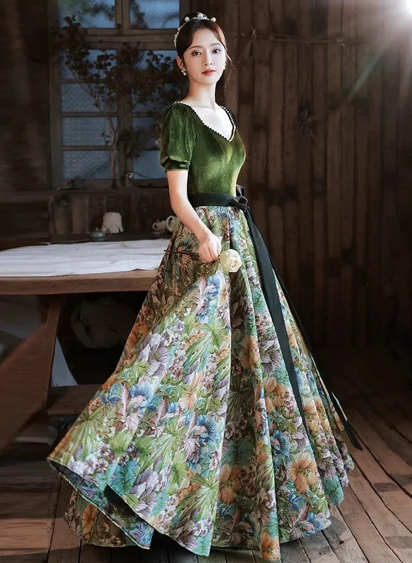 Green Velvet Floral Short Sleeves Long Prom Dress, Green Sweetheart Party Dress Tunics Top rated Green Velvet Floral Short Sleeves Long Prom Dress, Green Sweetheart Party Dress Tunics Top rated
