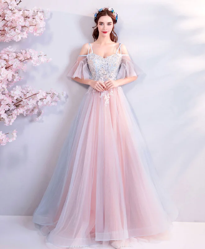 Unique Pink Tulle Lace Applique Long Prom Dress, Pink Formal Party Dresses Tunics Fleece cozy