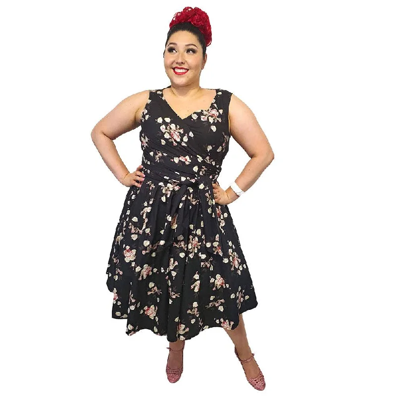 Rose Wrap-Front Swing Dress in Black Boatneck Modish Everyday
