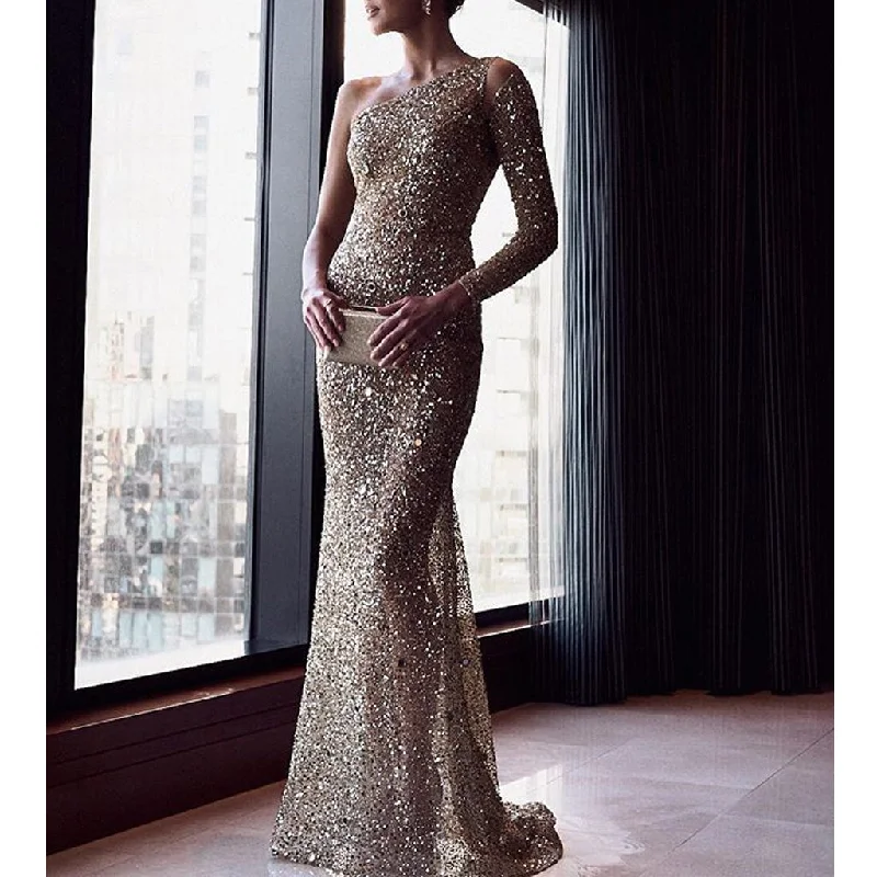 Luxury Mermaid Sparkly Sequin Tulle Beaded One Shoulder Prom Dresses, FC2251 Tunics Polka dots Luxury Mermaid Sparkly Sequin Tulle Beaded One Shoulder Prom Dresses, FC2251 Tunics Polka dots