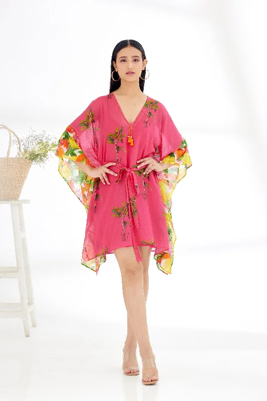 Fuchsia Pink hand painted Tree Banana Fruit Print border Kaftan Dress Tunics Vintage classic