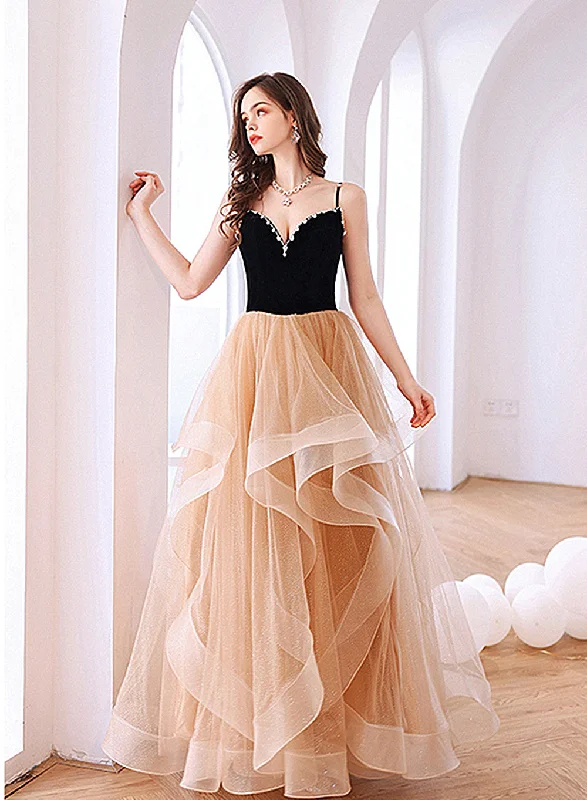 Champagne Layers Tulle with Velvet Straps Party Dress, Long Evening Gown Pleated Skirt Elegant Champagne Layers Tulle with Velvet Straps Party Dress, Long Evening Gown Pleated Skirt Elegant