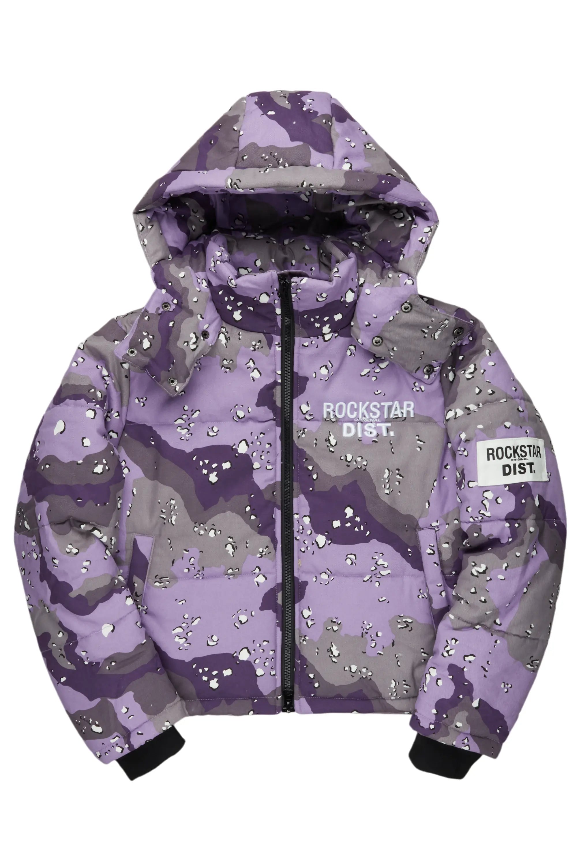 Porchea Purple Camo Puffer Jacket Tiered Jacket Buttoned Jacket Zippered Jacket