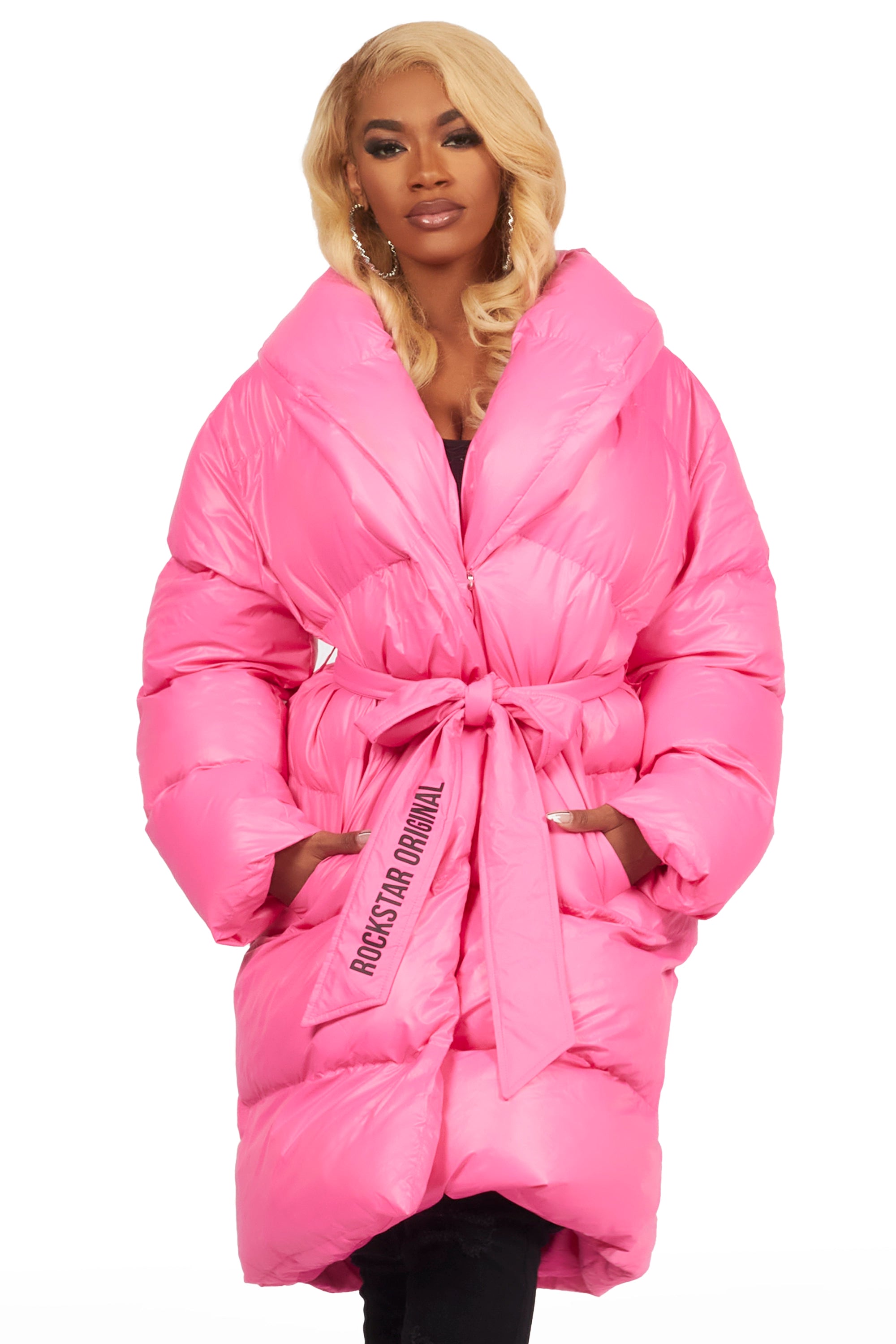 Sehrazat Hot Pink Long Wrap Puffer Jacket Satin Jacket Silk Jacket Chiffon Jacket