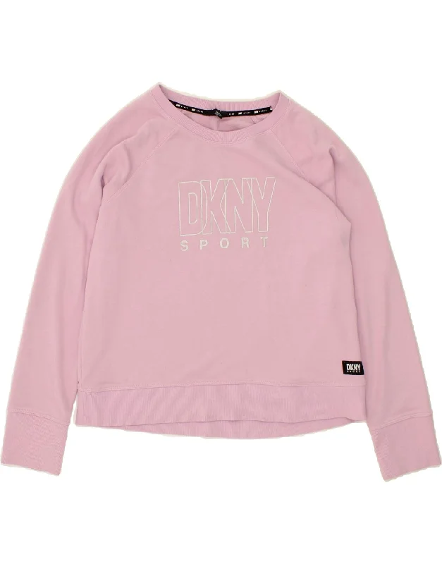 DKNY Womens Graphic Sweatshirt Jumper UK 16 Large Purple Cotton Hoodie with Stripes Bold Sporty DKNY Womens Graphic Sweatshirt Jumper UK 16 Large Purple Cotton Hoodie with Stripes Bold Sporty